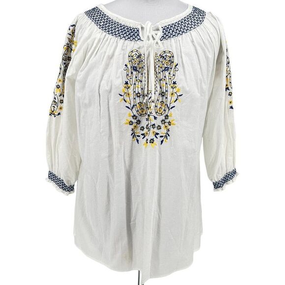 Multiples Plus SZ 1X Women's White Cotton Peasant Blouse Blue, Yellow Embroidery - Picture 1 of 7